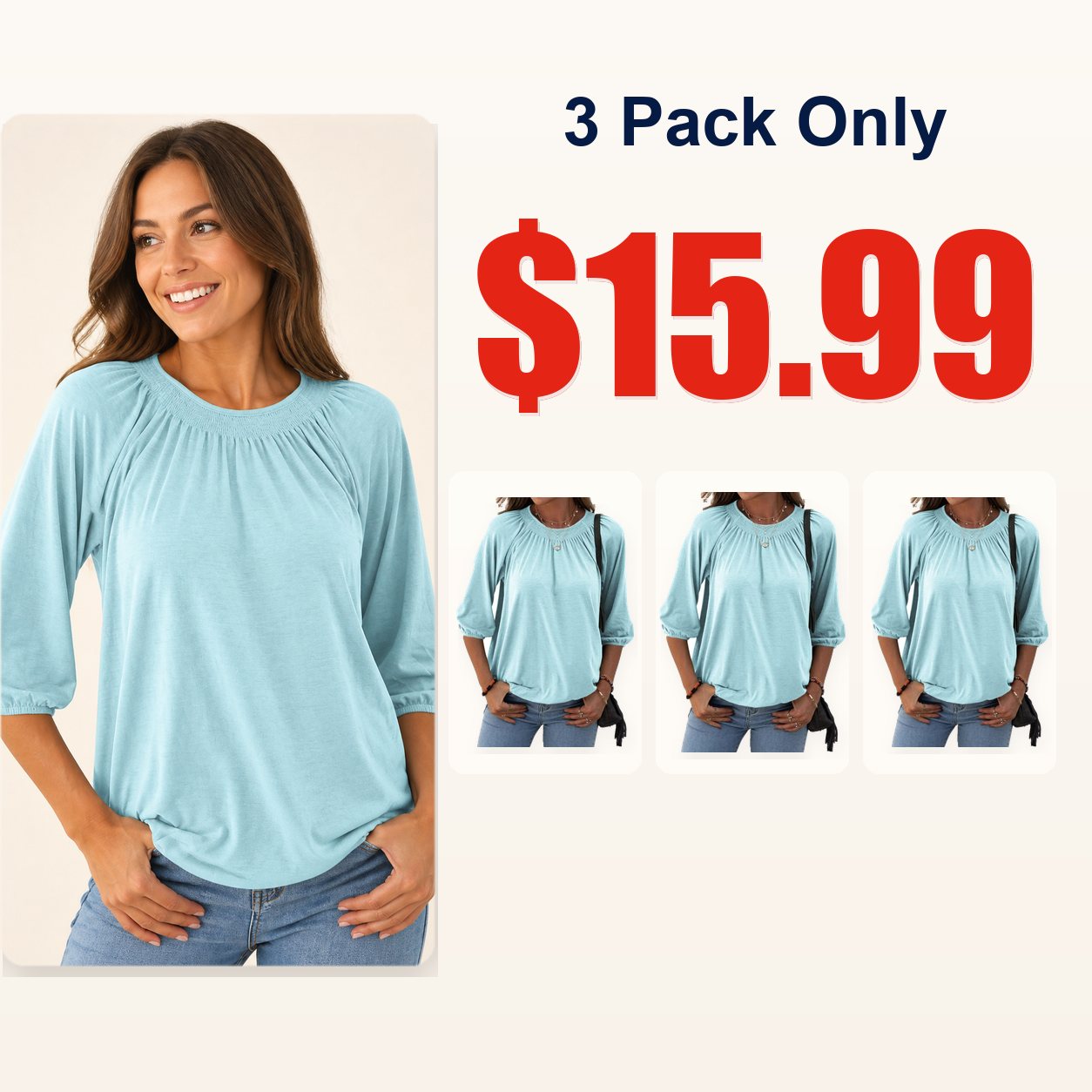 Women's Solid Crew Neck 3/4 Sleeve T Shirt Blouse Cotton