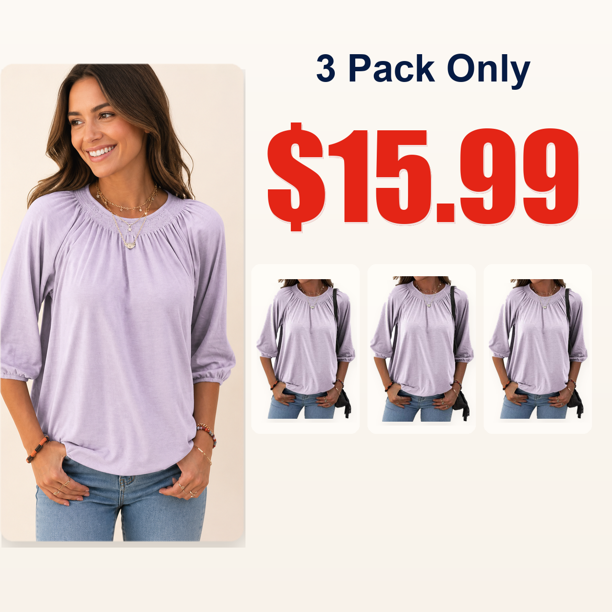 Women's Solid Crew Neck 3/4 Sleeve T Shirt Blouse Cotton