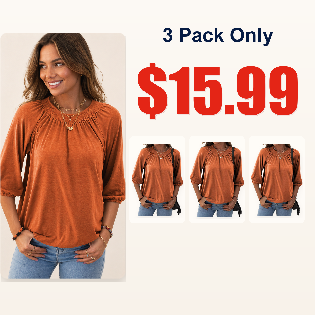 Women's Solid Crew Neck 3/4 Sleeve T Shirt Blouse Cotton