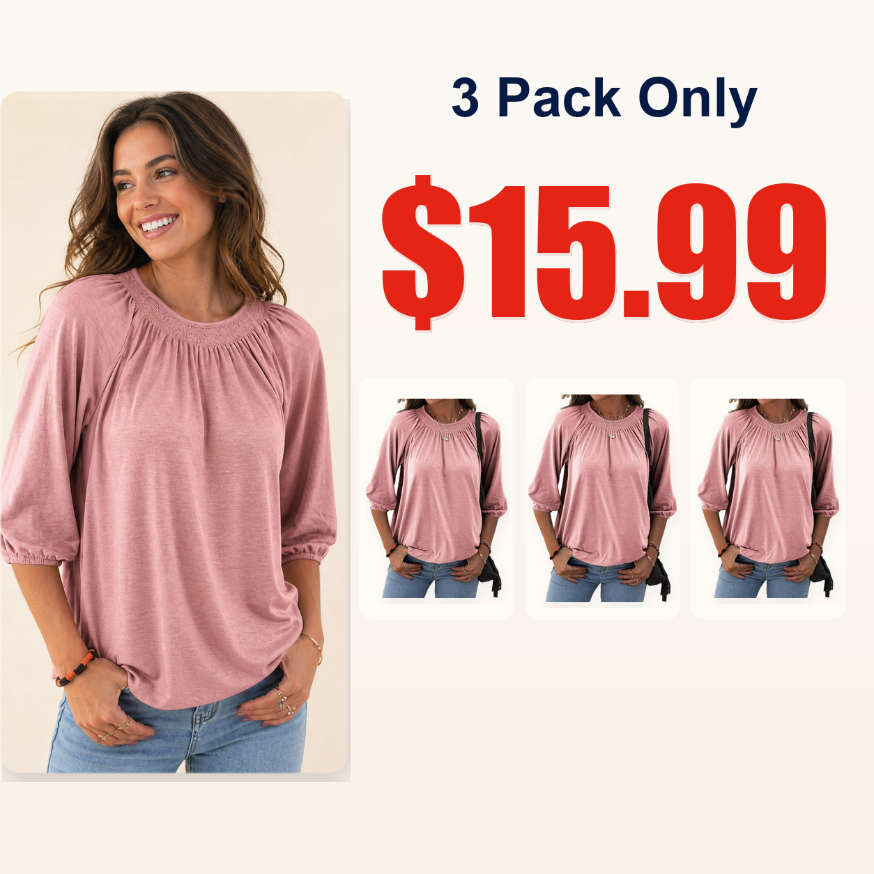 Women's Solid Crew Neck 3/4 Sleeve T Shirt Blouse Cotton