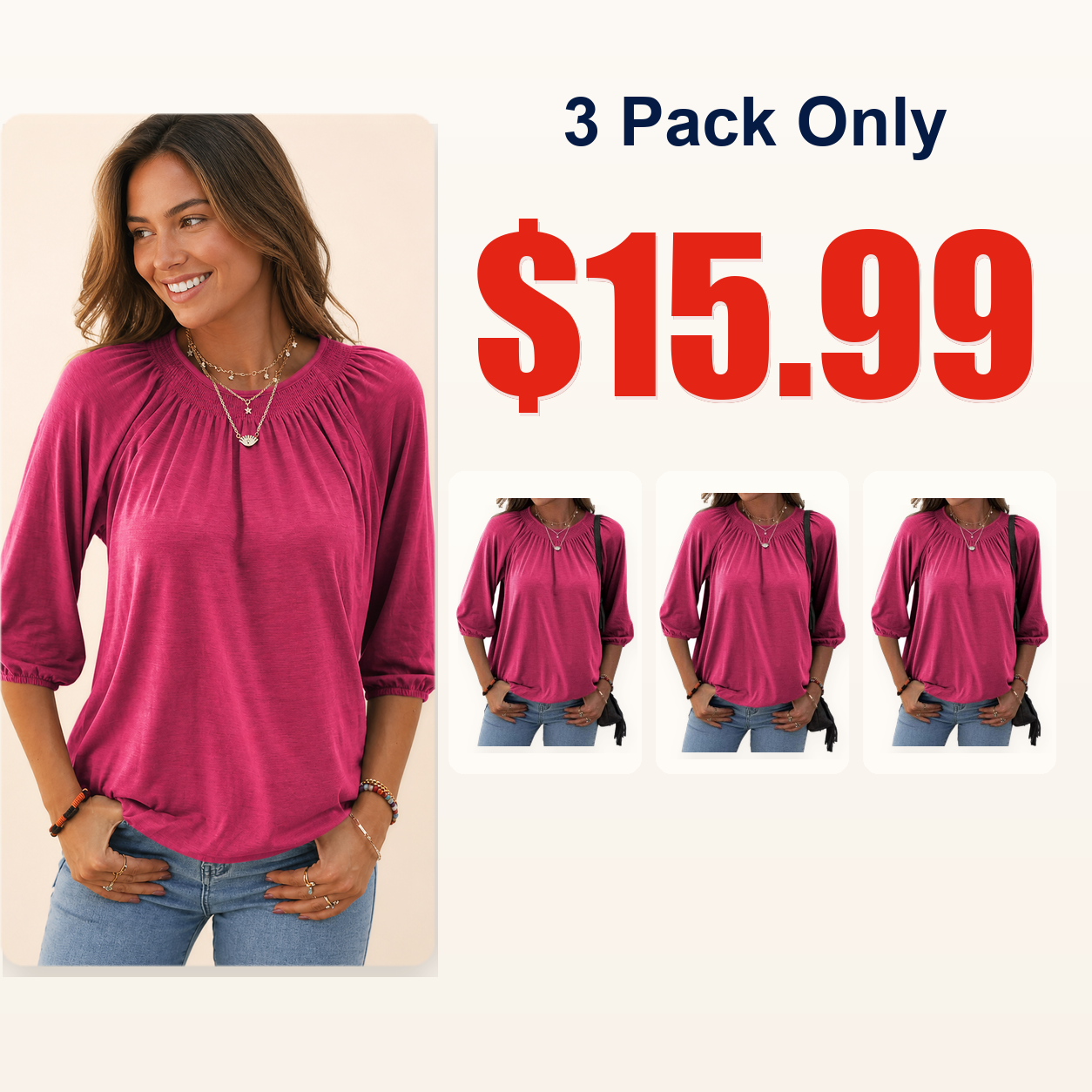 Women's Solid Crew Neck 3/4 Sleeve T Shirt Blouse Cotton