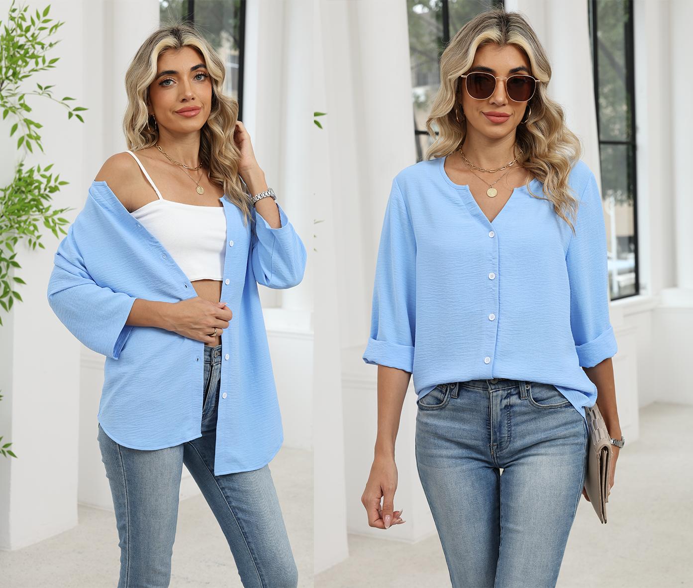 OFEEFAN Women V Neck 3/4 Sleeve Button Down Blouse Loose Business Casual Top Spandex