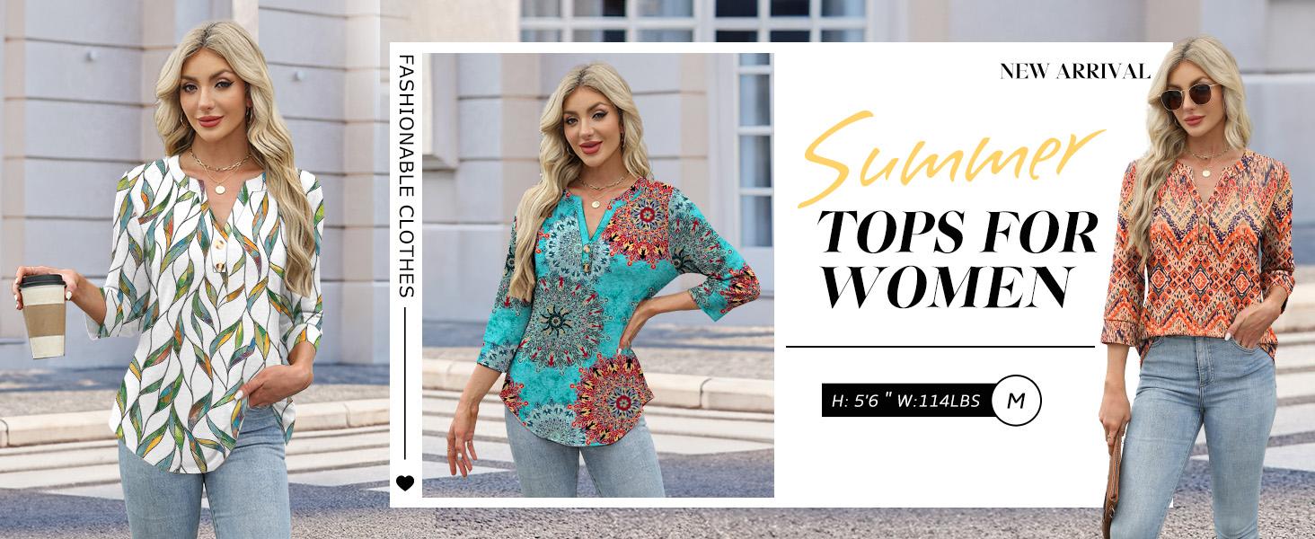WIHOLL 3/4 Sleeve Tops Summer Outfits for Women Breathable Lightweight Blouses Air Conditioner Friendly Loose Fit Beach Vacation Girls Adjustable