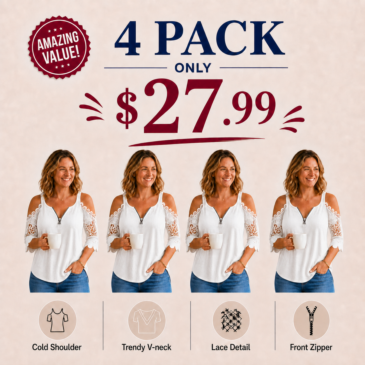 Women's Lace Cold Shoulder Top with Zipper