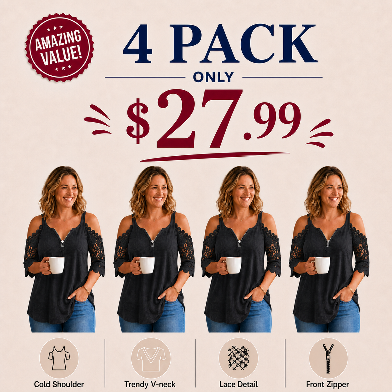 Women's Lace Cold Shoulder Top with Zipper