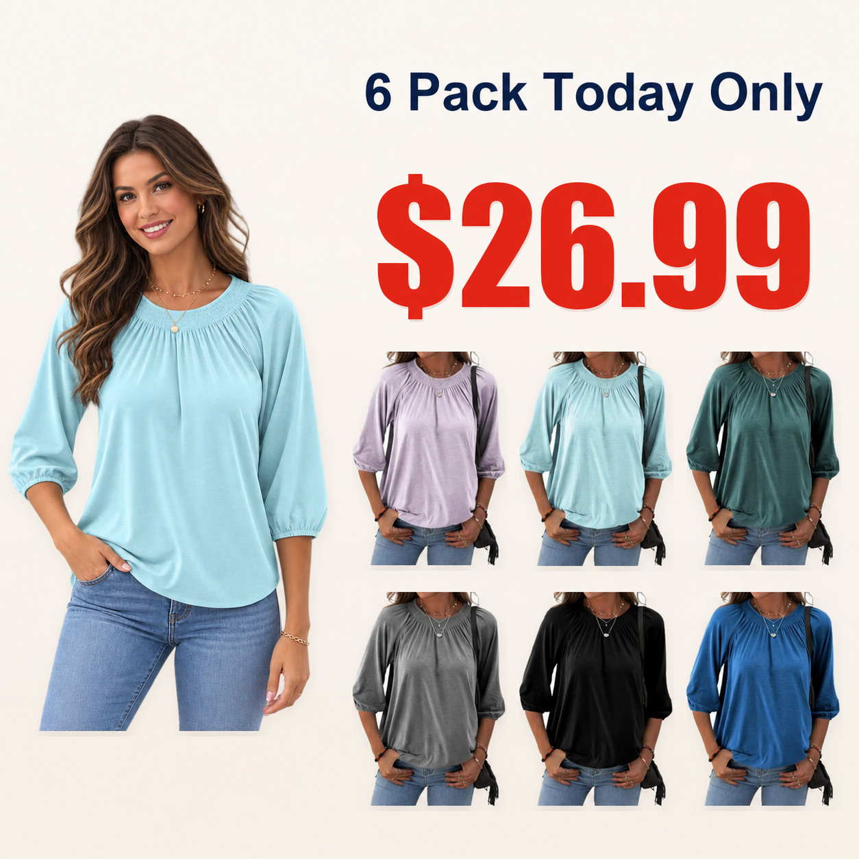 Women's Solid Crew Neck 3/4 Sleeve T Shirt Blouse Cotton