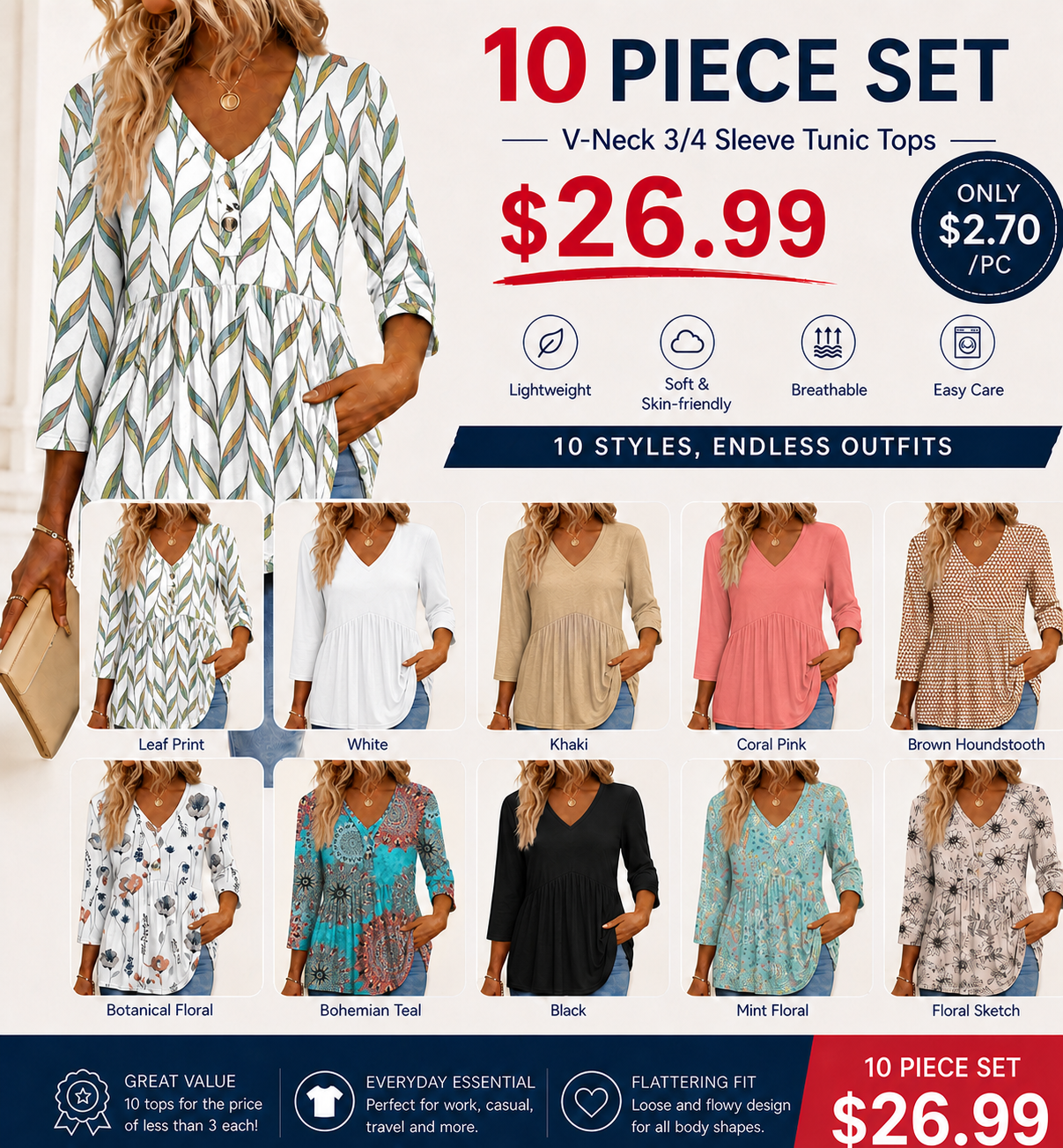 2026 Women’s V-Neck 3/4 Sleeve Tunic Top – Flowy Dressy Casual Blouse