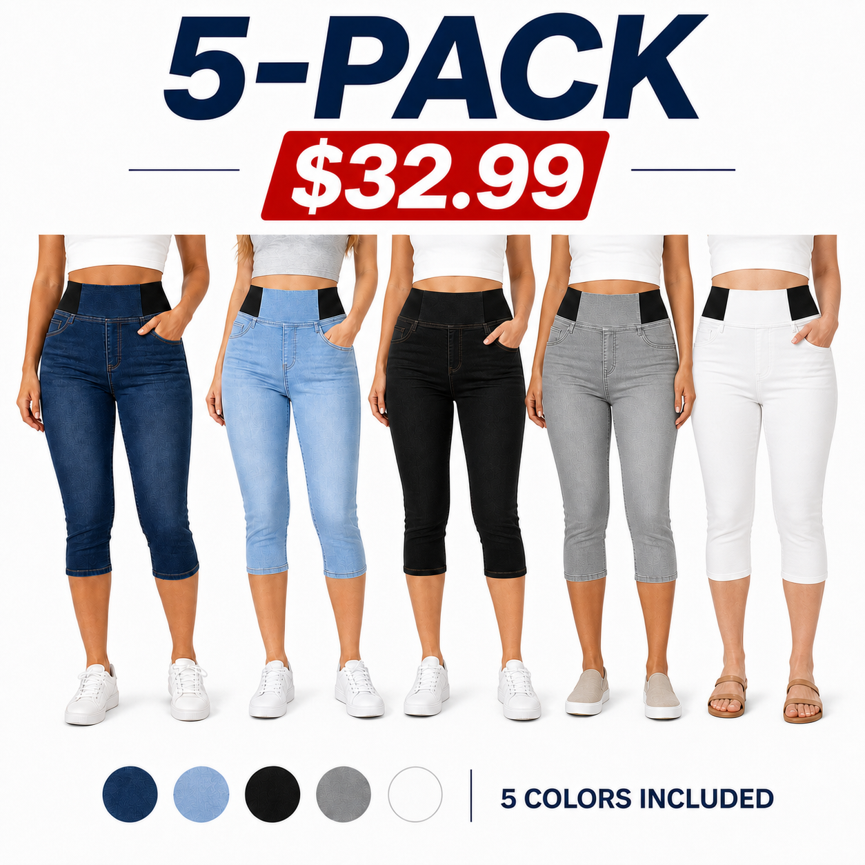 Women's High Waisted Stretch Capri Jeans – Pull-On Denim Capris with Wide Elastic Waistband, Slim Fit Cropped Jeggings