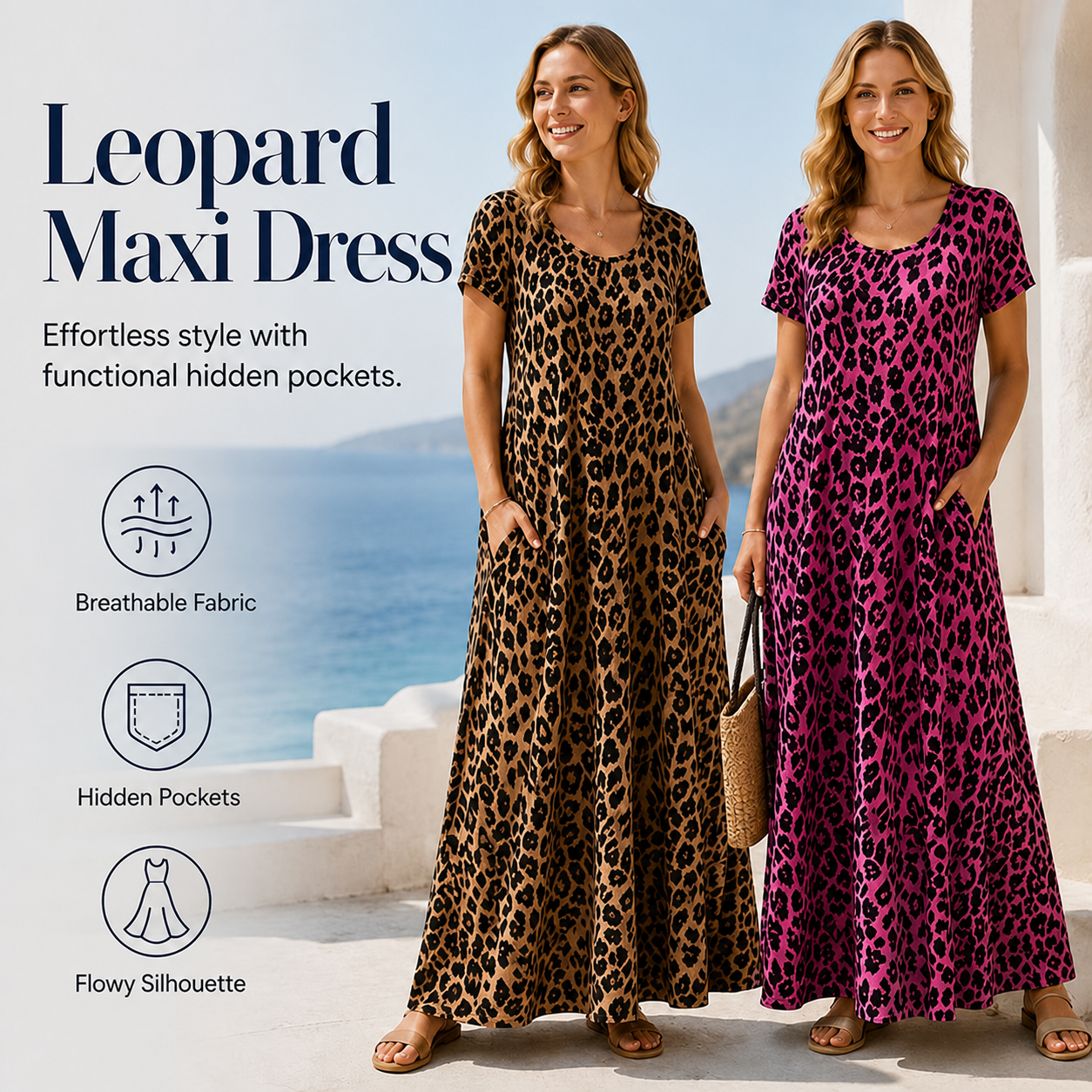 👗Women's Leopard-Print Maxi Dress With Pockets,Casual Sleeve Dress