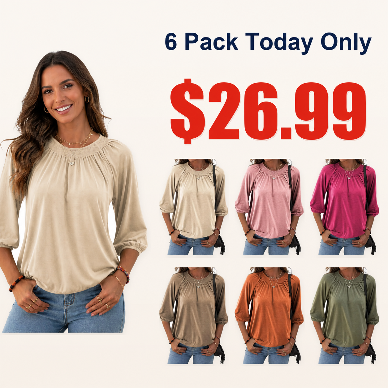 Women's Solid Crew Neck 3/4 Sleeve T Shirt Blouse Cotton