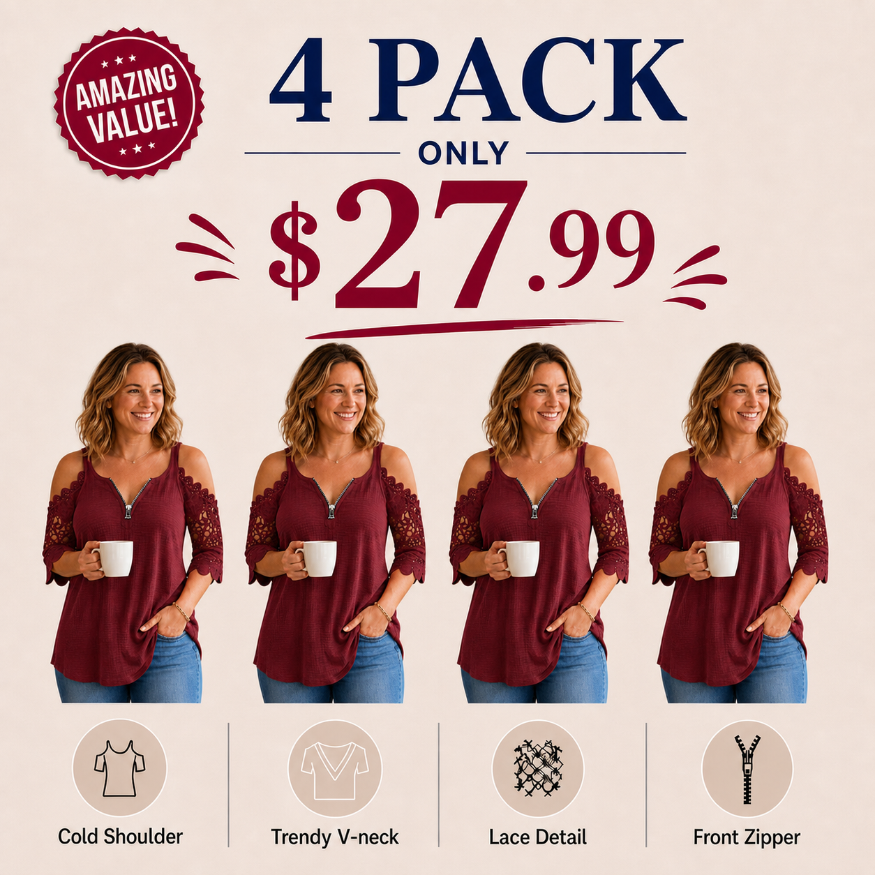 Women's Lace Cold Shoulder Top with Zipper