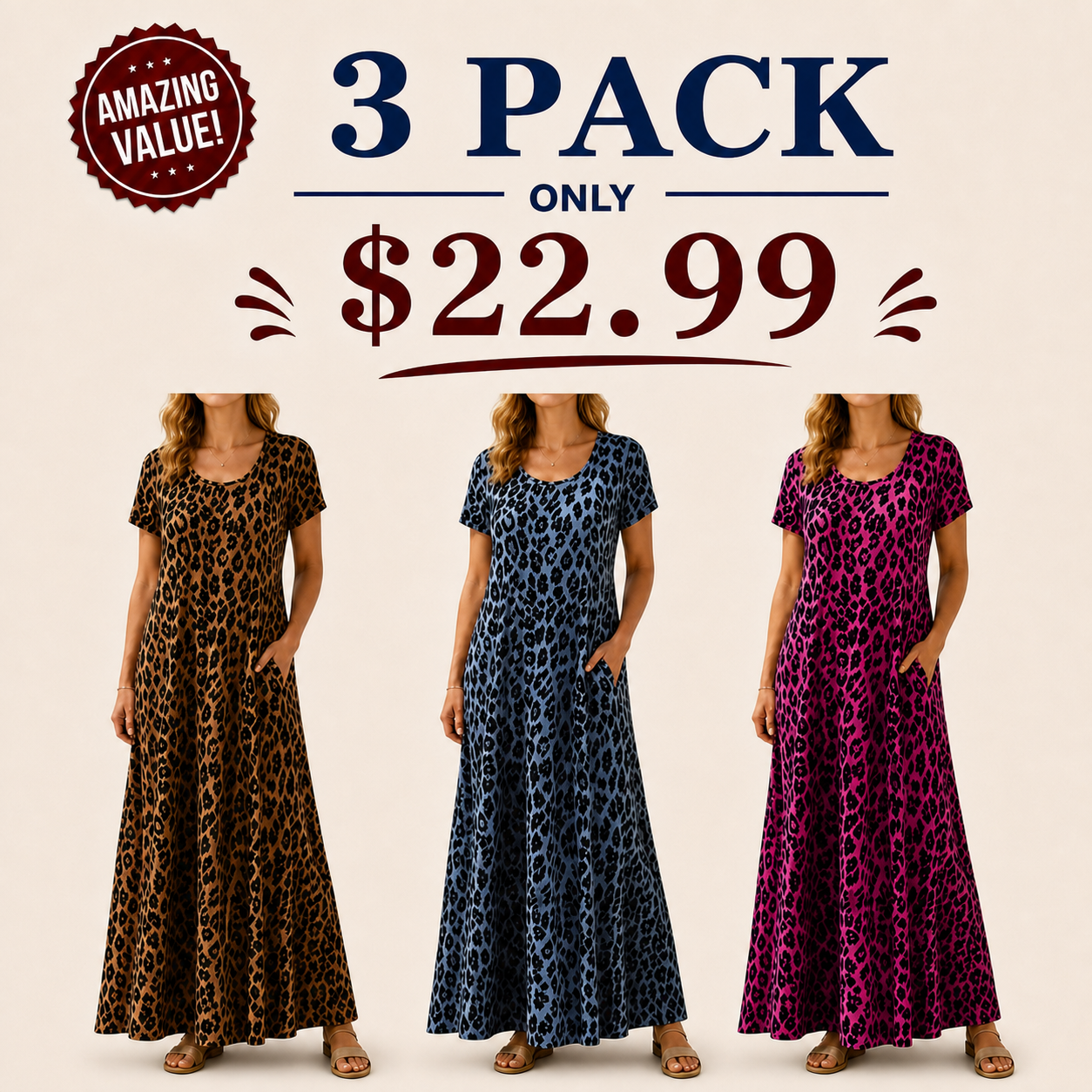 👗Women's Leopard-Print Maxi Dress With Pockets,Casual Sleeve Dress