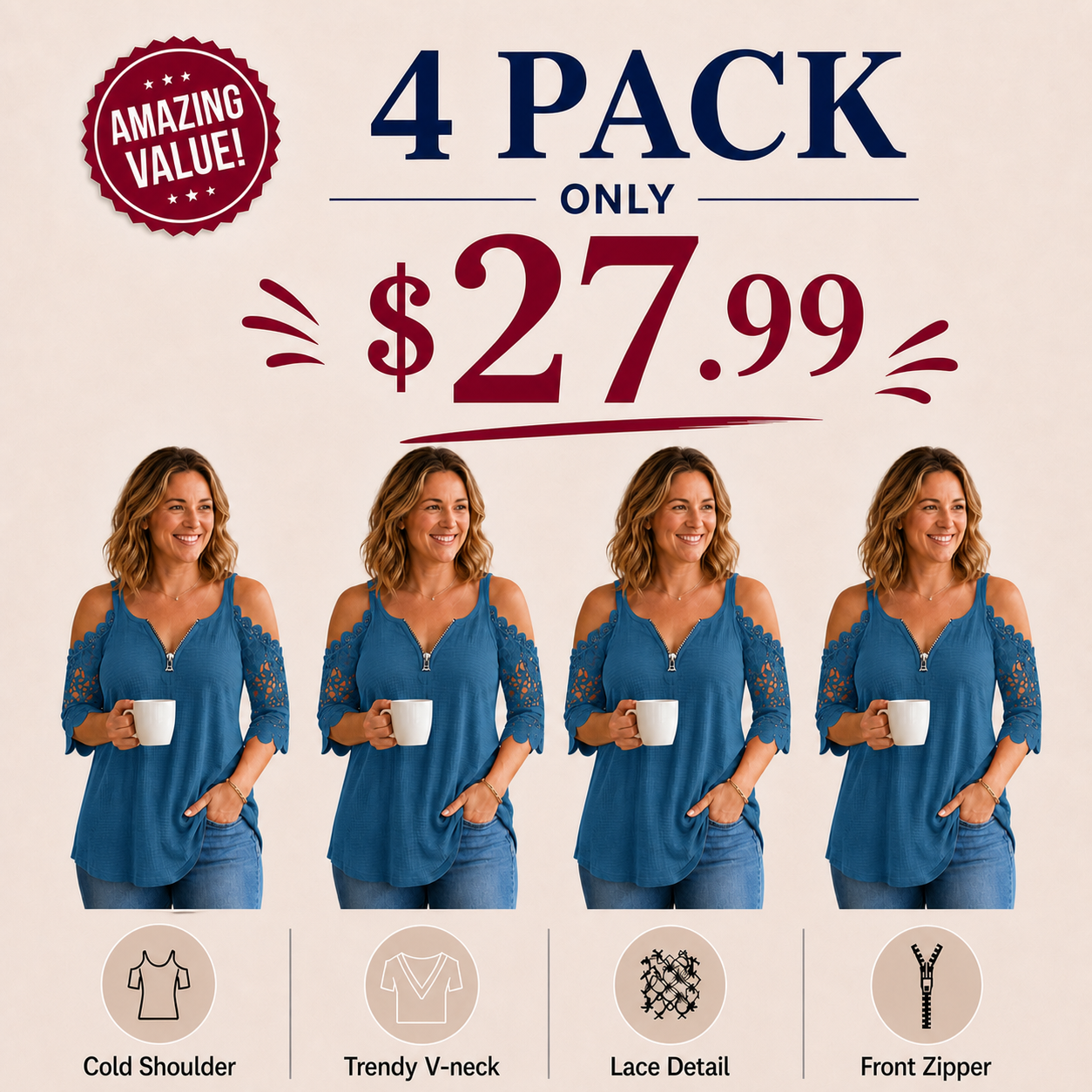 Women's Lace Cold Shoulder Top with Zipper