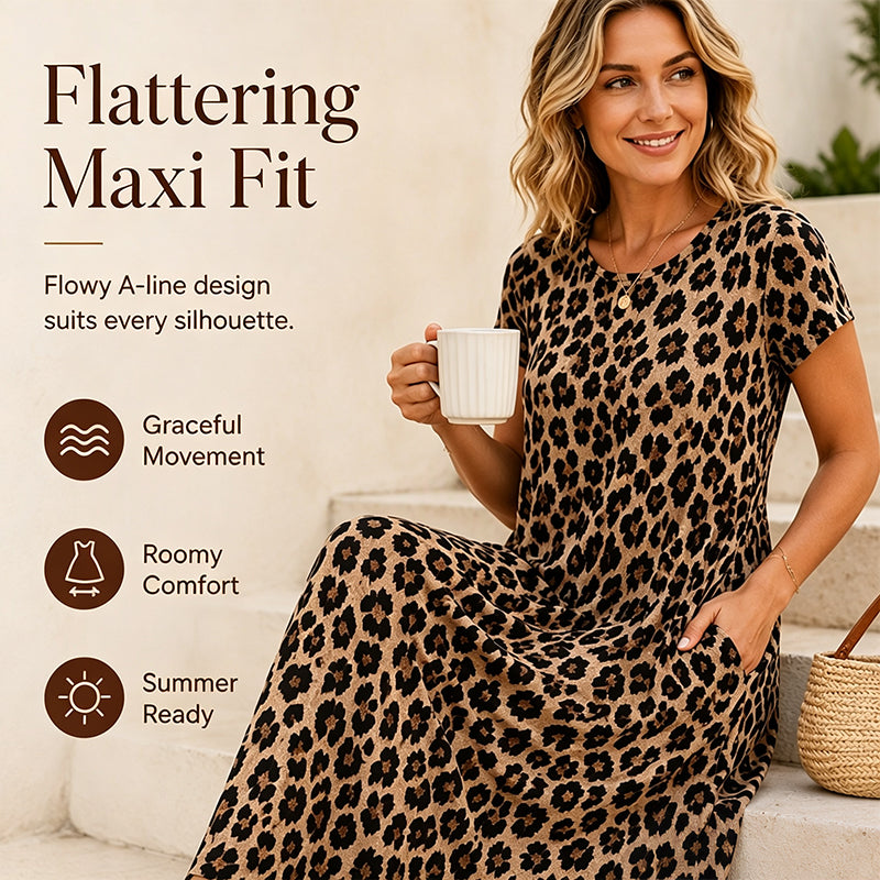 👗Women's Leopard-Print Maxi Dress With Pockets,Casual Sleeve Dress