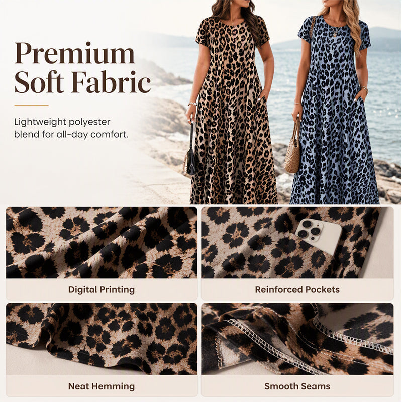 👗Women's Leopard-Print Maxi Dress With Pockets,Casual Sleeve Dress