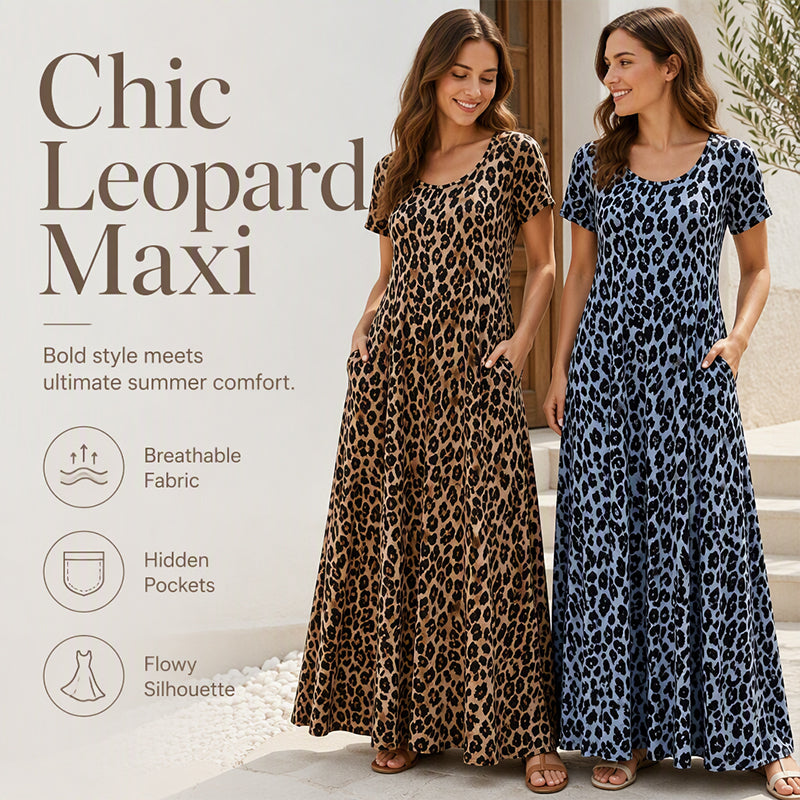 👗Women's Leopard-Print Maxi Dress With Pockets,Casual Sleeve Dress