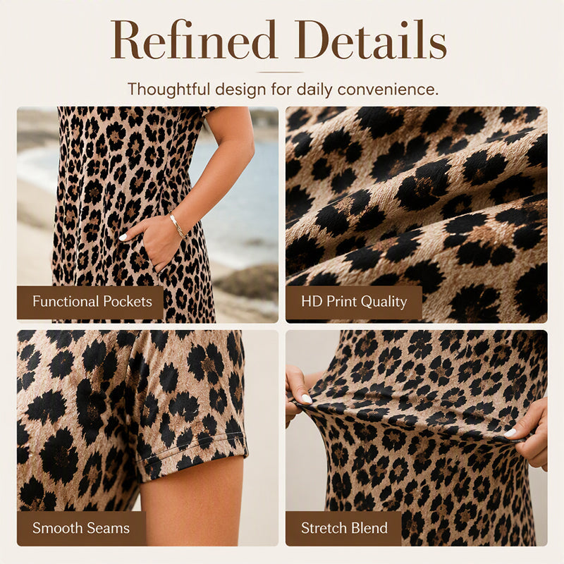 👗Women's Leopard-Print Maxi Dress With Pockets,Casual Sleeve Dress