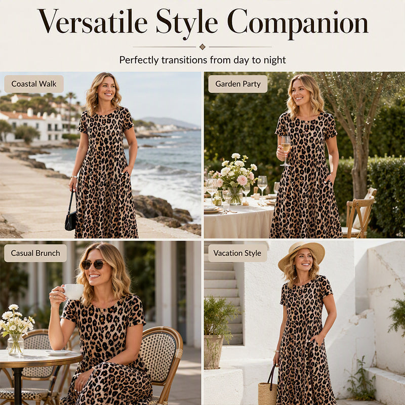 👗Women's Leopard-Print Maxi Dress With Pockets,Casual Sleeve Dress