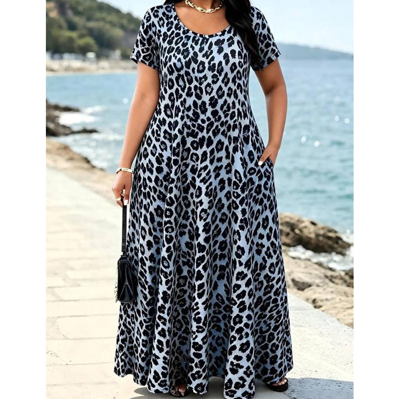 👗Women's Leopard-Print Maxi Dress With Pockets,Casual Sleeve Dress