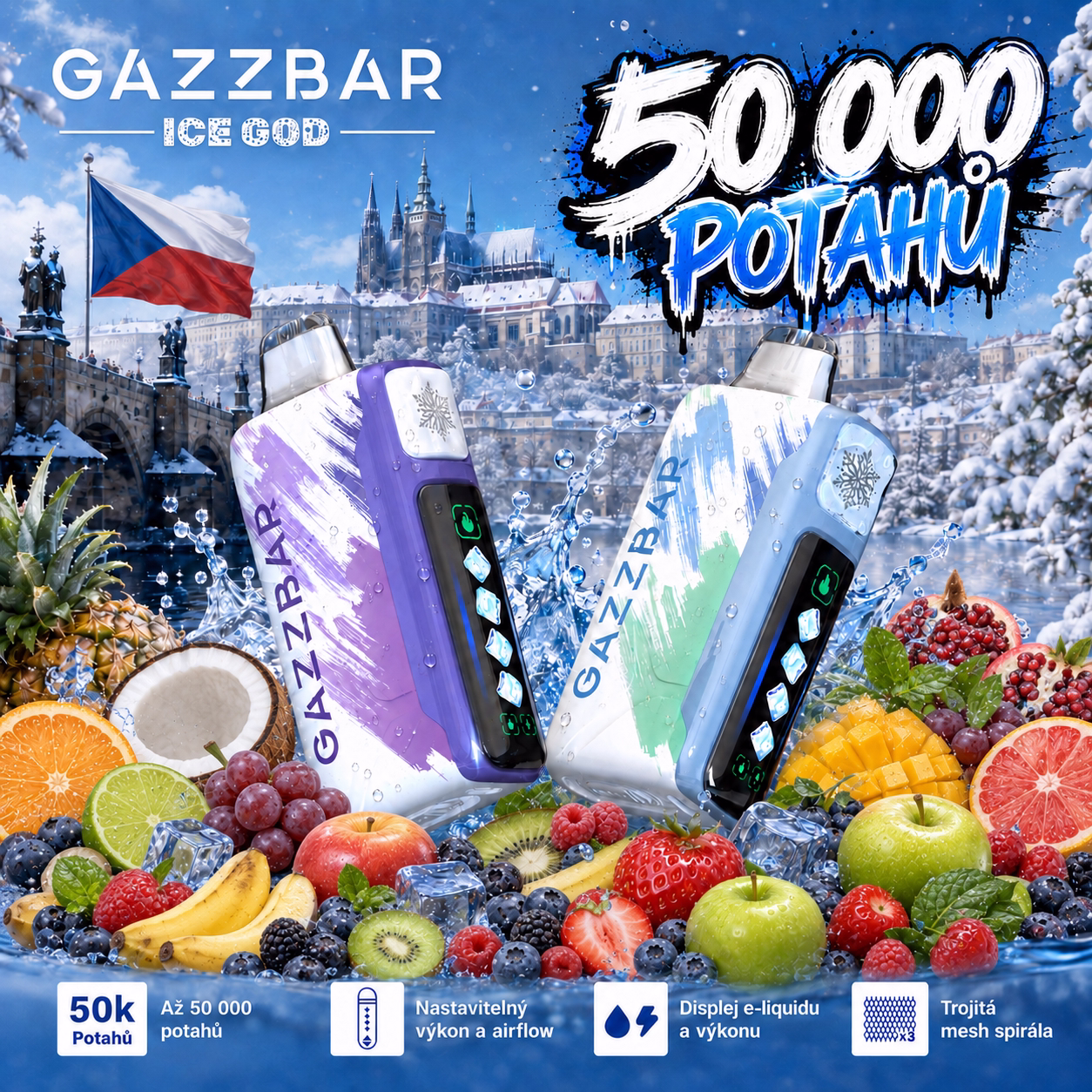 GAZZBAR ICE GOD 50 000 potahů – 5 úrovně nastavitelného chlazení
