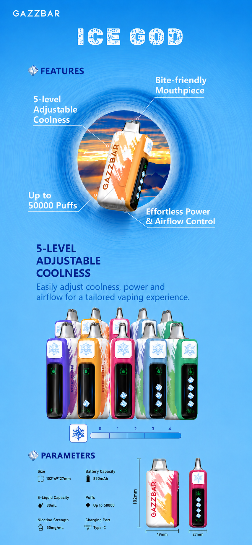 GAZZBAR ICE GOD &ndash; 5 &uacute;rovn&iacute; nastaviteln&eacute;ho chlazen&iacute;, 30 ml, 850 mAh a Type-C