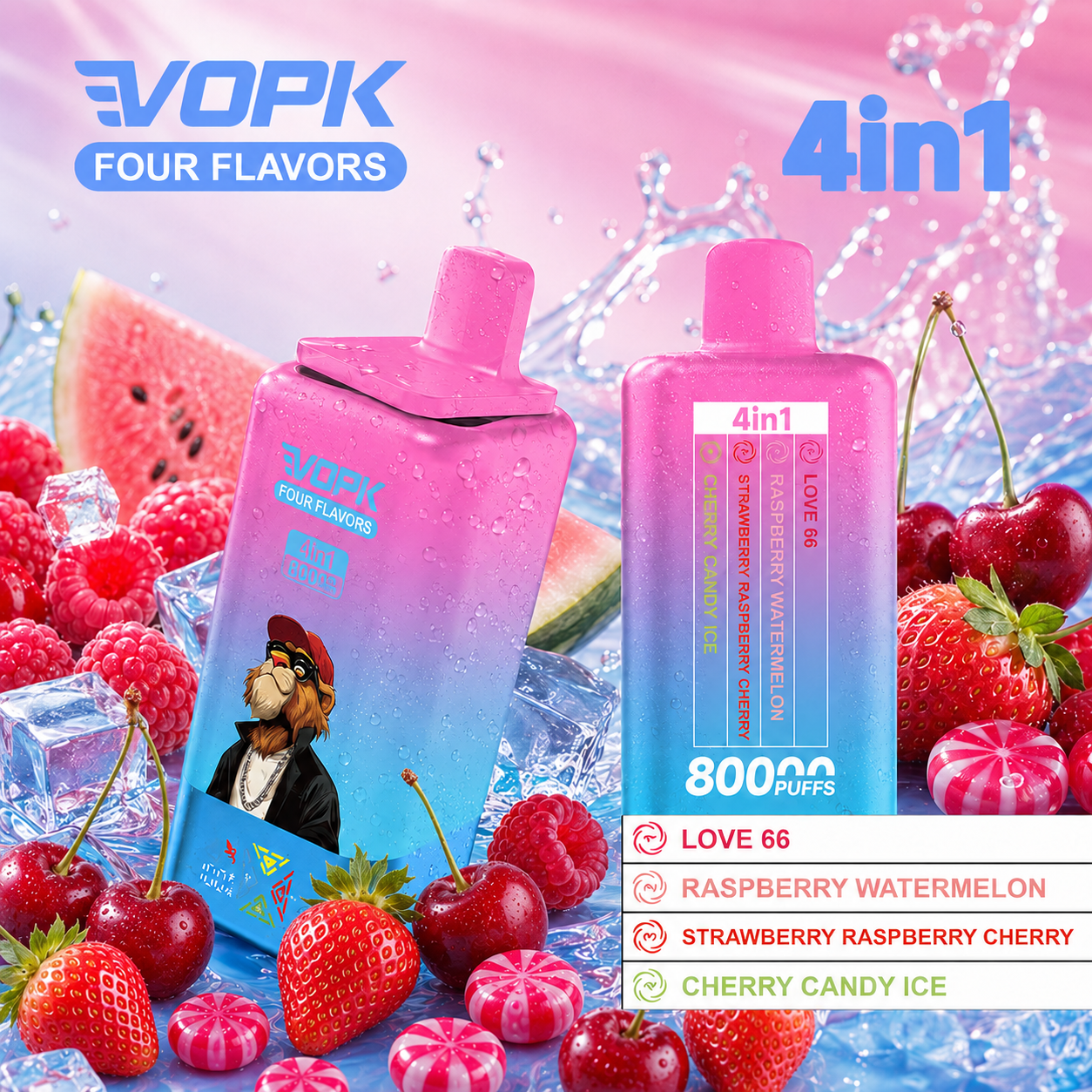 VOPK 4v1 kombinace – Love 66, malina, meloun, jahoda, višeň a třešňový bonbón