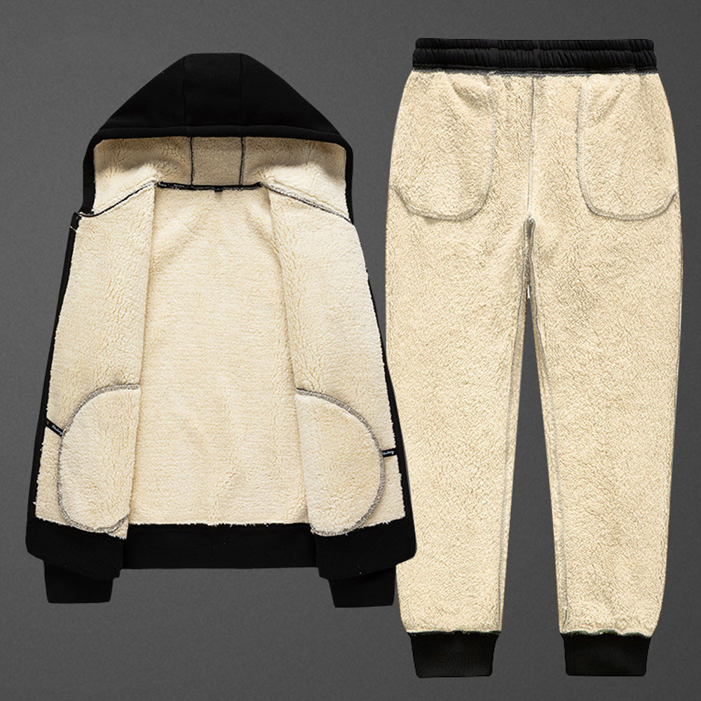 Men's Cotton and Linen Plush Hooded Jacket Sportswear Two-piece Suit