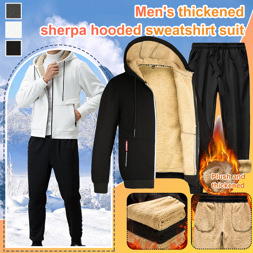 New autumn and winter men's lambswool thickened warm hooded sweatshirt suit