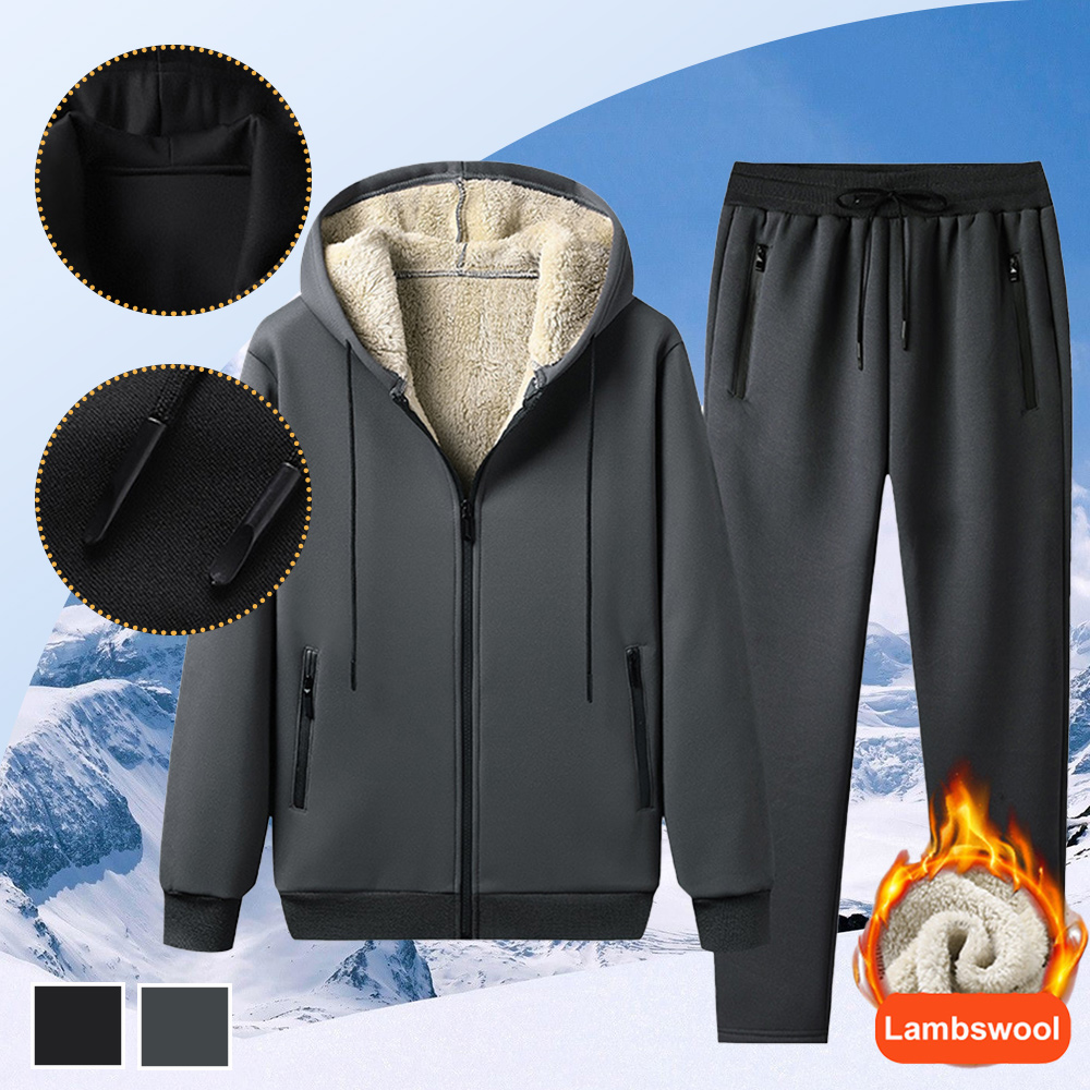 Men's Artificial Cashmere Long Sleeve Hooded Jacket + Pants Set