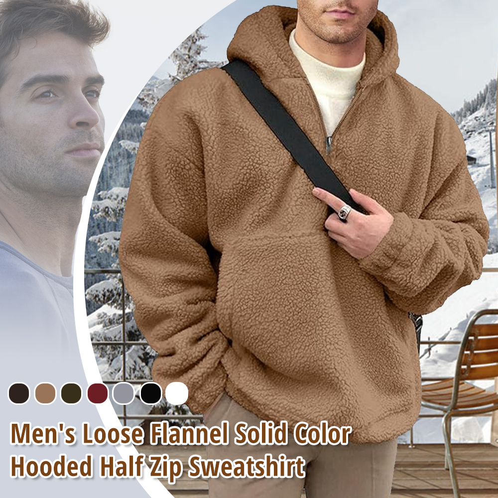 Men's half-zip solid flannel hooded sweatshirt
