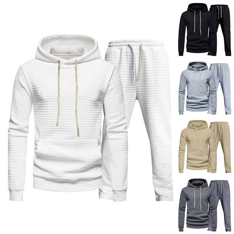 Men's casual small checkered jacquard hooded sweatshirt and pants set