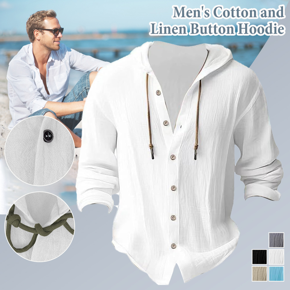 Men's casual cotton and linen hooded solid color hoodie
