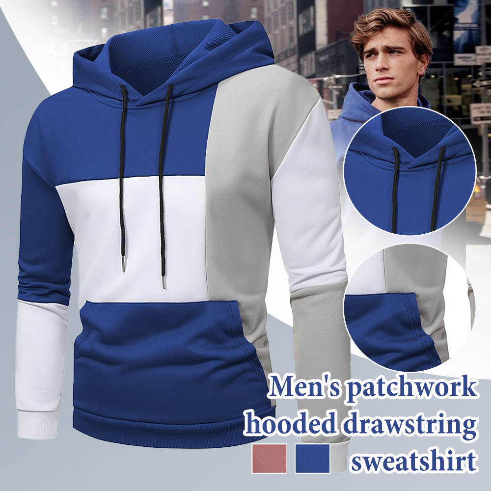 Men's color matching pocket drawstring hoodie sweatshirt