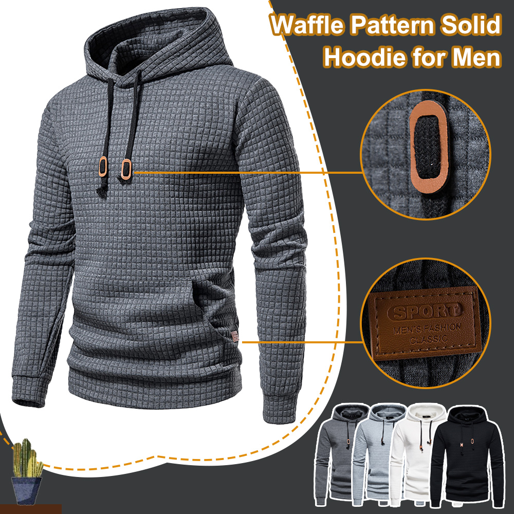 Men's Waffle Pattern Solid Hoodie Casual Pullover Sweatshirt