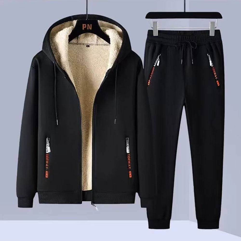 New men's lambskin hooded sweatshirt casual trousers suit in winter