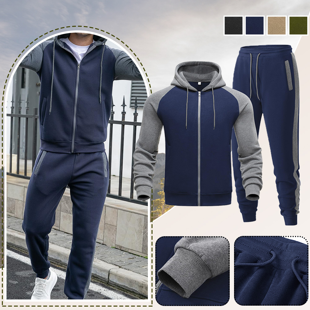 New autumn and winter men's color matching hooded sweatshirt and trousers sports suit