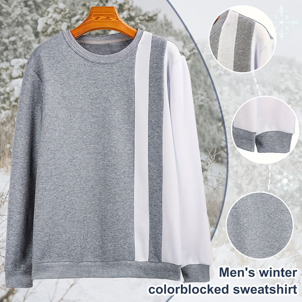 Autumn and winter men's fashionable color block round neck plus fleece sweatshirt