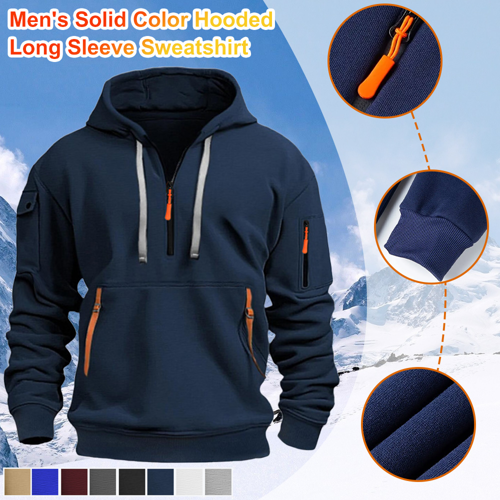 Men's New Multi-Pocket Half Zip Hoodie Long Sleeve Sweatshirt