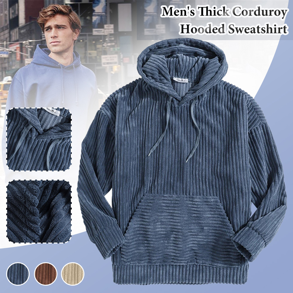 Men's corduroy solid color hooded pocket sweatshirt