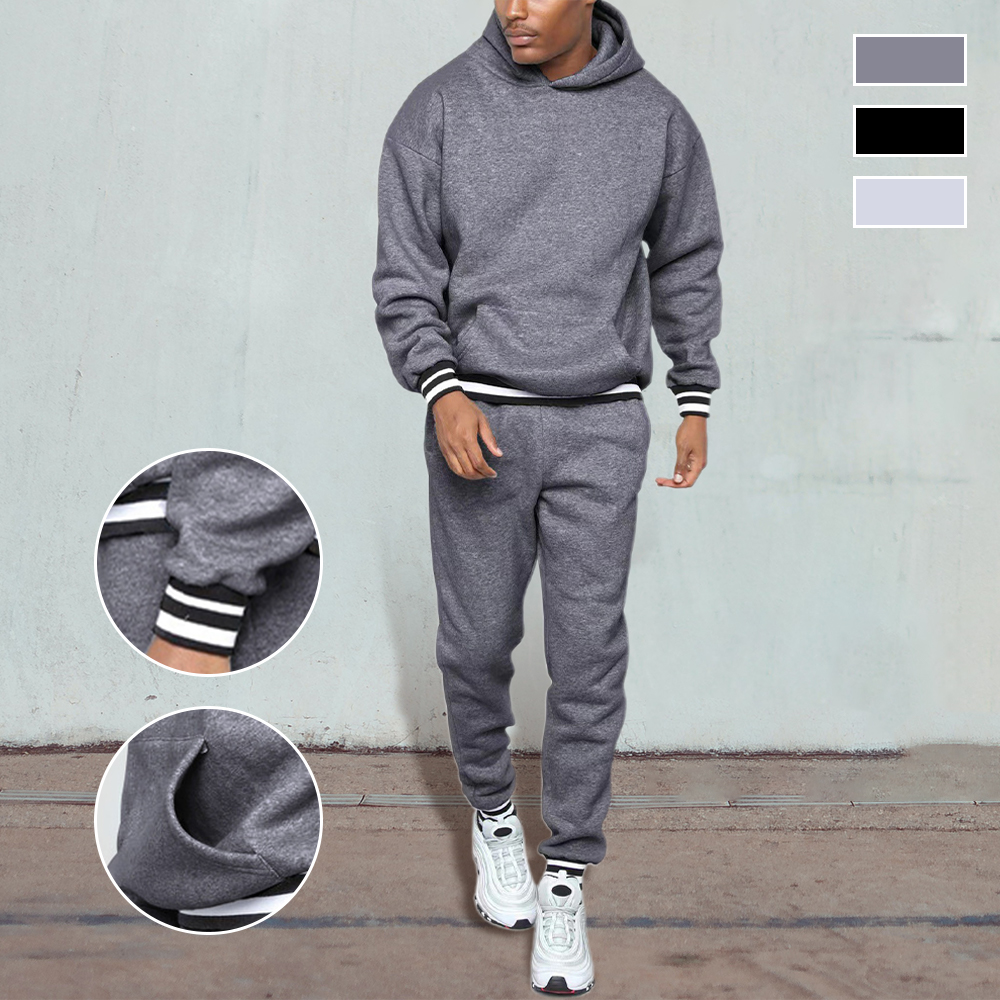 New Men's Colorblock Striped Hooded Sweatshirt and Pants Two-piece Set