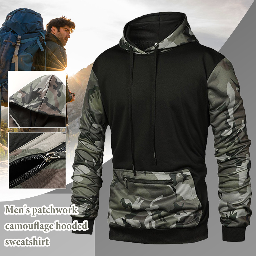Men's camouflage patchwork pocket hooded sweatshirt