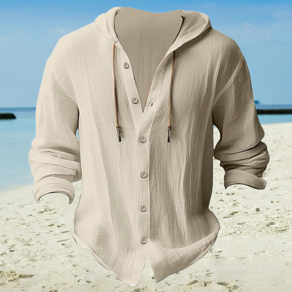 Men's casual cotton and linen hooded solid color hoodie