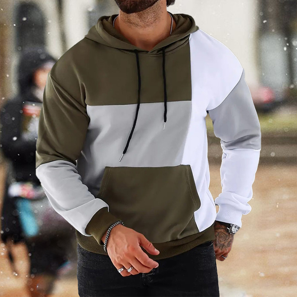 Men's color matching pocket drawstring hoodie sweatshirt