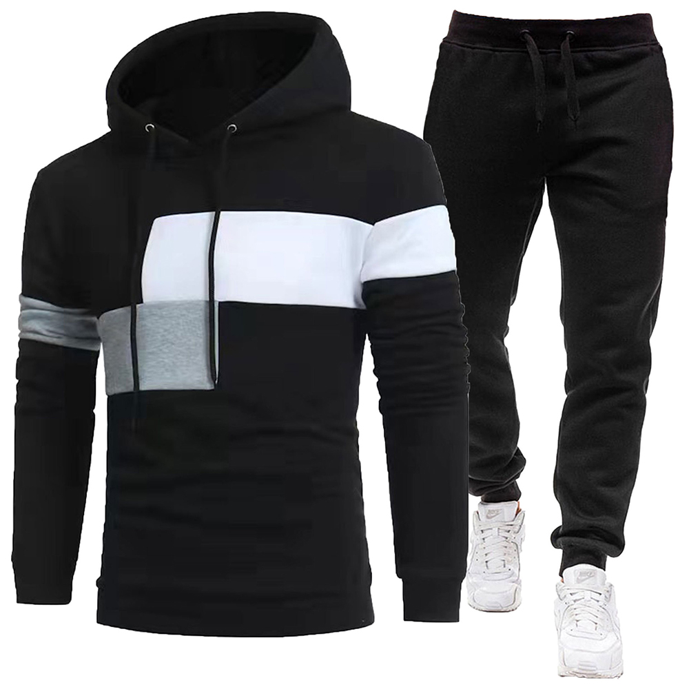 Men's fleece colorblock casual sports hooded sweatshirt and pants two-piece set