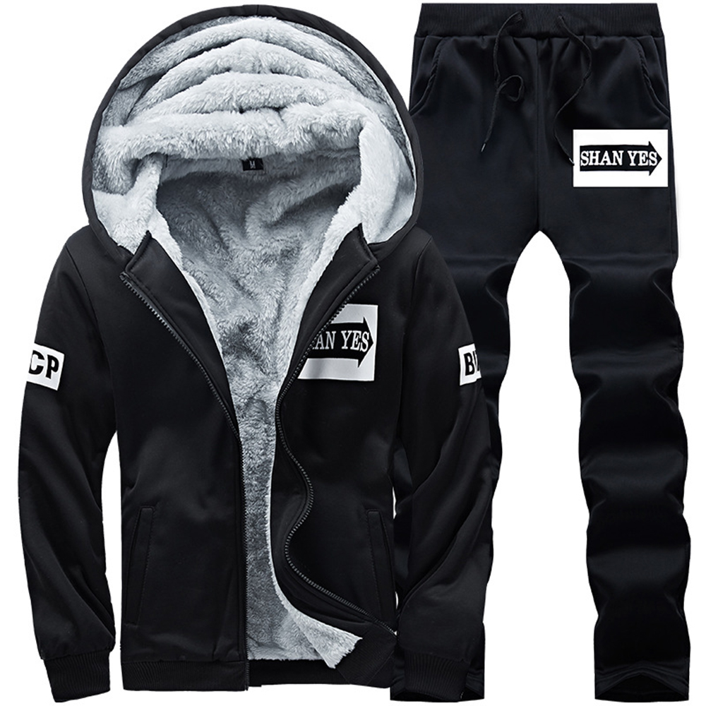 Men's Plush Hooded Jacket Sportswear Two-piece Set