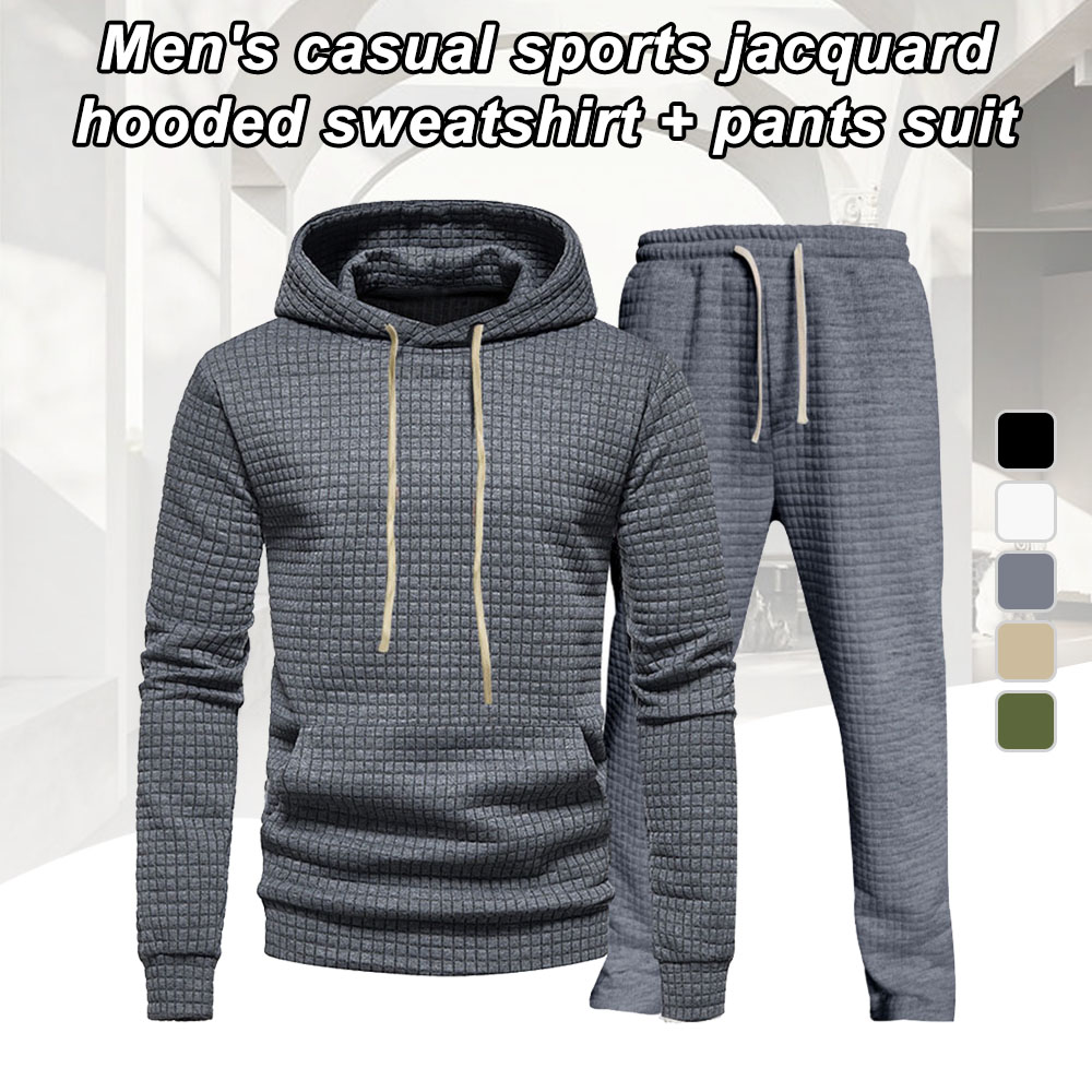 Men's casual small checkered jacquard hooded sweatshirt and pants set