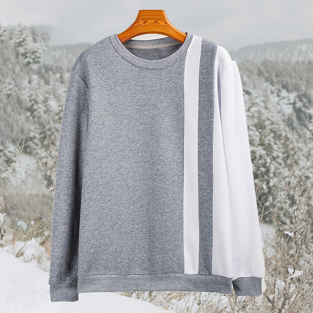Autumn and winter men's fashionable color block round neck plus fleece sweatshirt