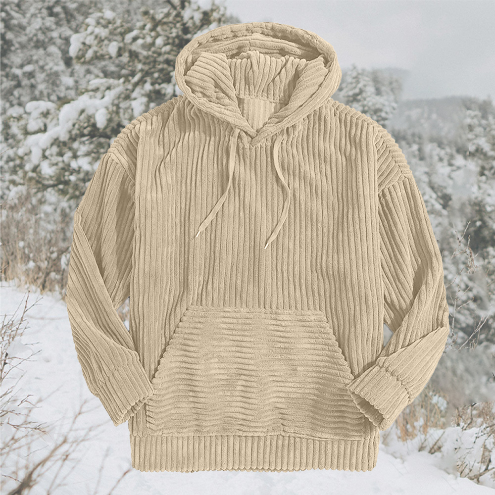 Men's corduroy solid color hooded pocket sweatshirt
