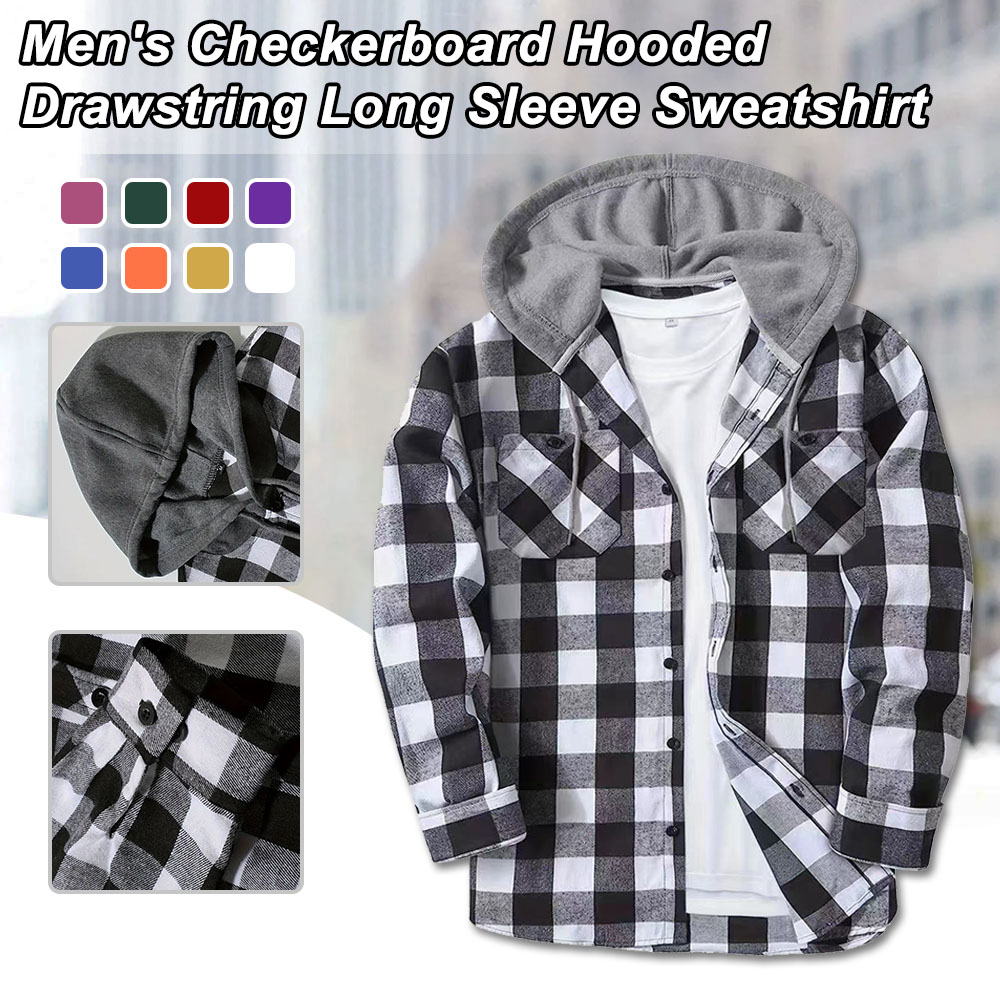 Men's Brushed Checkerboard Hooded Drawstring Cardigan