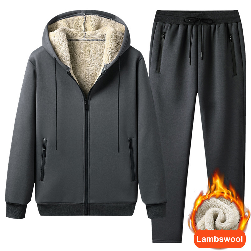 Men's Artificial Cashmere Long Sleeve Hooded Jacket + Pants Set